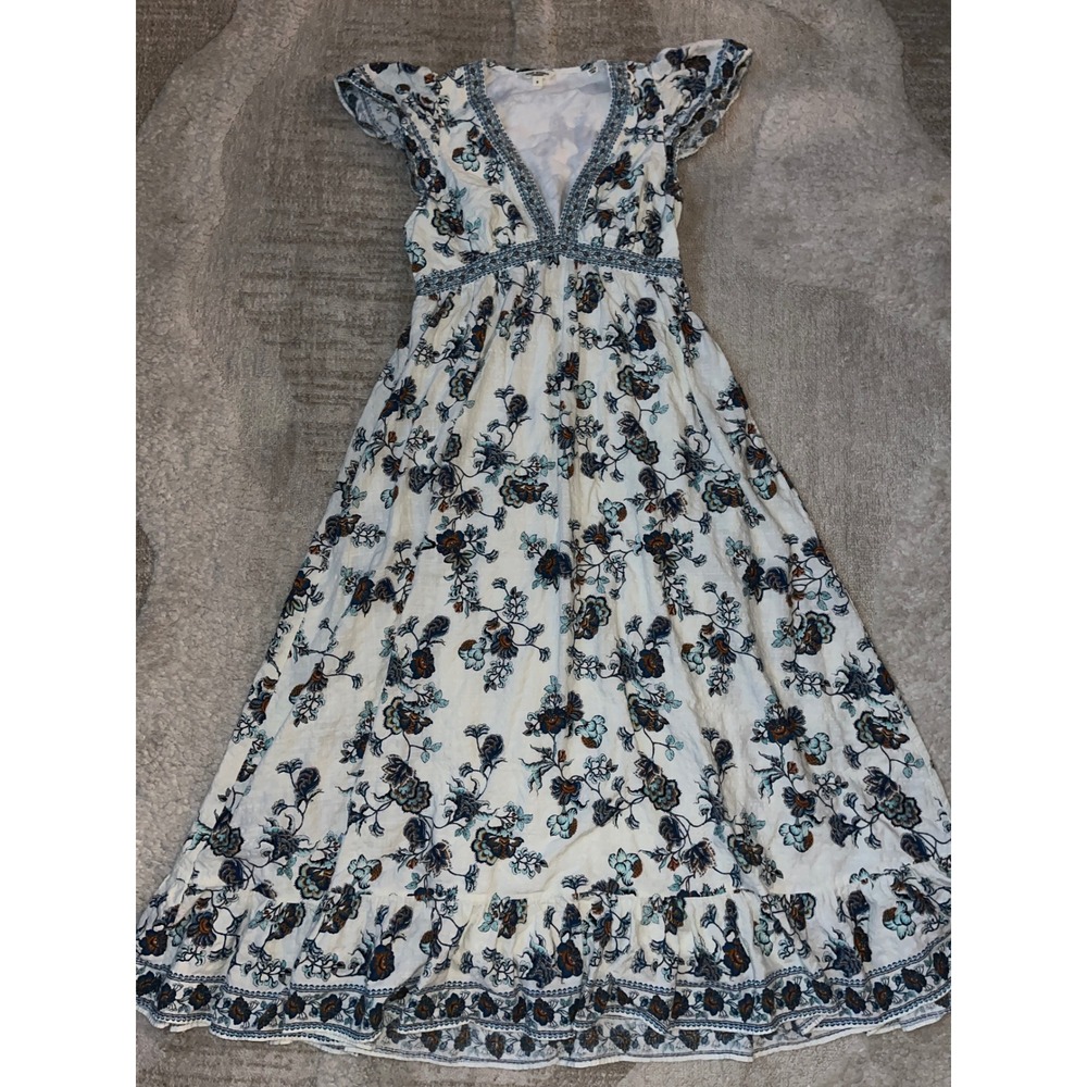 Max Studio London Floral Maxi Dress White Blue V-Neck Flutter Sleeve Small - Picture 2 of 6
